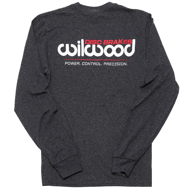 Back of long sleeve grey shirt with large Wilwood logo