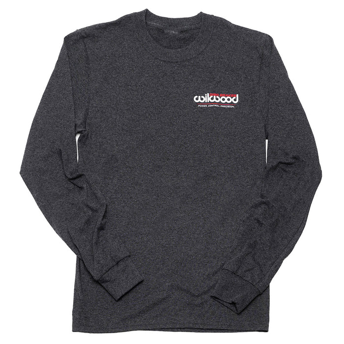 Full front of Wilwood long sleeve grey shirt with Wilwood logo