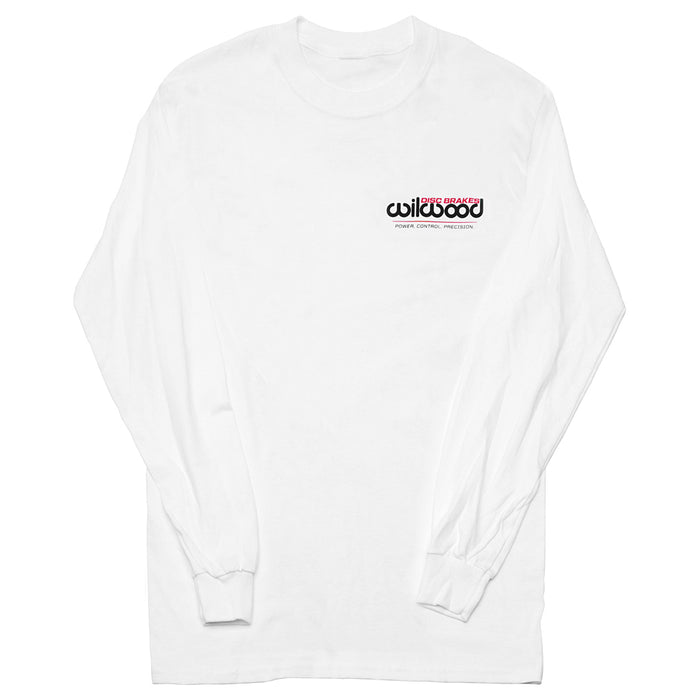 Front of Wilwood long sleeve white shirt with Wilwood logo