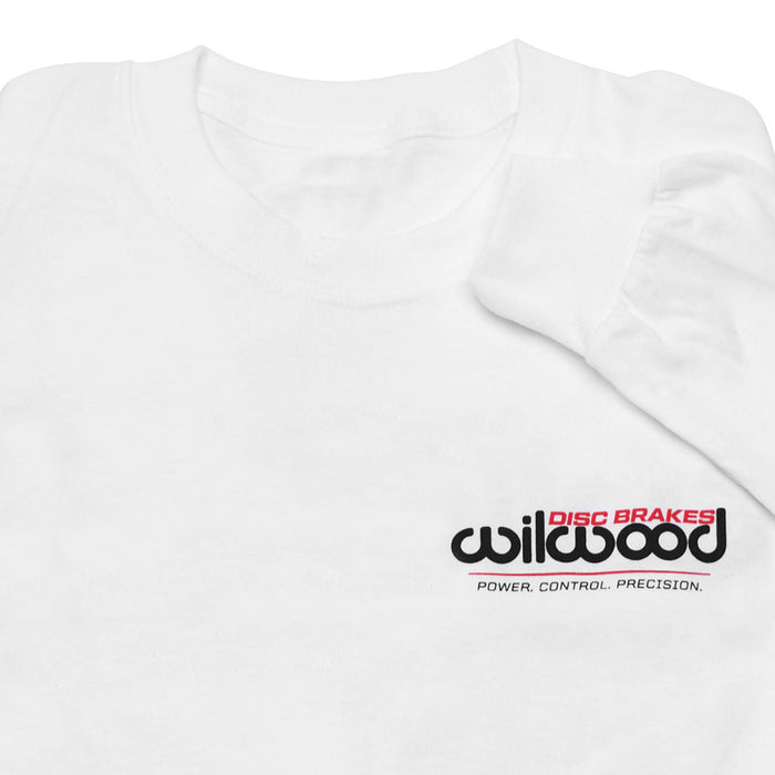 Front of Wilwood long sleeve white shirt showing Wilwood logo